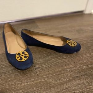 Tory Burch navy suede flats with gold TB buckle
